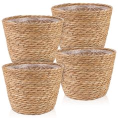 set of four woven baskets with handles and liners for planters or flower pots