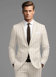 Embrace the Aura of Class with Our London Loom Beige Stripe Wool Silk Linen Jacket. Meticulously curated, this jacket features an exquisite fusion of sumptuous wool, opulent silk, and the finest linen. Its resplendent beige hue emanates timeless allure, while the understated yet sophisticated stripe pattern imbues a dash of contemporary panache. Whether gracing a grand soirée or a leisurely rendezvous, this masterpiece effortlessly elevates your style, ensuring you command attention and admiration wherever your ventures lead. 
  The London Loom Collection  masterfully blends the durability of wool, the luxury of silk, and the breathability of linen, reflecting the elegance of English tailoring. This fabric offers season-spanning comfort, refined drapes, and natural coolness. Woven with tra Silk Long Sleeve Business Casual Outerwear, Silk Long Sleeve Outerwear For Business Casual, Beige Long Sleeve Semi-formal Suit, Tailored Beige Suit, Tailored Beige Long Sleeve Suits, Tailored Wool Cream Blazer, Luxury Cream Wool Blazer, Beige Elegant Sport Coat With Lapel Collar, Elegant Beige Sport Coat With Lapel Collar