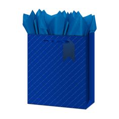 a blue gift bag with an arrow on it