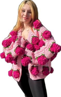 Pink Knitted Outerwear For Spring, Pink Chunky Knit Outerwear For Spring, Oversized Pink Sweater Coat For Spring, Pink Knitted Outerwear For Fall, Pink Hand Knitted Cardigan For Fall, Pink Knitted Cardigan For Spring, Hand Knitted Pink Cardigan For Spring, Casual Pink Hand Knitted Outerwear, Pink Hand Knitted Cardigan For Spring