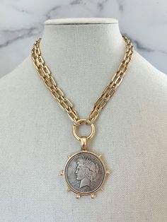 Gold Coin Medallion Necklace Large Gold Coin Chunky Necklace - Etsy Antique Coin Necklace, Coin Necklace Gold, Chunky Gold Necklaces, Canyon Lake, Gold Coin Necklace, Antique Coins, Charm Necklaces, Medallion Necklace, Gold Coin