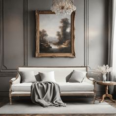 a living room with gray walls and white furniture