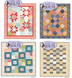 four different quilts are shown with the words sew and quilts written on them