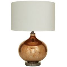 a table lamp with a white shade on it's base and a metal body