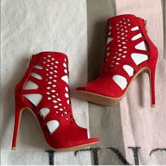 Purchased This Item But It’s Too Big. Seller Listed As Size 7 And It’s A 37.5. Fits More Like 7.5 / 8. It Is 4 1/2 Inch Heel. Comes From A Smoke And Animal Dander Free Home. Red Round Toe Heels For Spring, Trendy Red Summer Boots, Spring Red Round Toe Heels, Red Ankle-high Heels For Summer, Fitted Red Boots For Summer, Red Ankle-high Heels, Red Ankle-high Heels For Night Out, Summer Party Ankle Boot Heels, Red Heels For Night Out In Fall