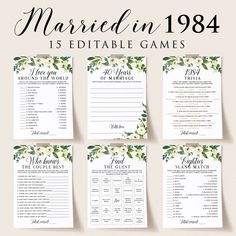 wedding games with flowers and greenery on them, set of six cards for the bride