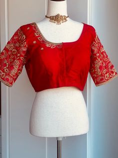 Custom embroidery red pure rawsilk blouse size 38-42 Bridal Saree Blouse, Embroidery Red, Blouse Design Images, Red Embroidery, Embroidery Blouse Designs, Embroidery Blouse, Bridal Saree, Work Blouse, Red Blouses