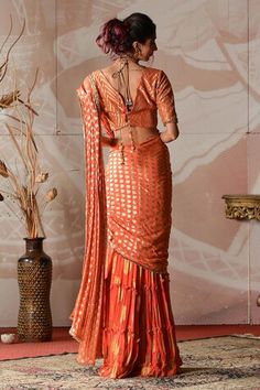 Rust orange banarasi georgette pre-draped sharara saree with circular motifs embroidery. Comes with a banarasi brocade blouse with cutdana hand work. - Aza Fashions Fitted Draped Sharara With Pallu, Draped Choli With Zari Work For Festivals, Unstitched Draped Choli For Festivals, Navratri Draped Sets With Cutdana, Navratri Draped Cutdana Sets, Festive Draped Choli With Unstitched Blouse, Festival Draped Choli With Unstitched Blouse, Navratri Draped Choli With Zari Work, Traditional Pre-draped Saree With Dupatta