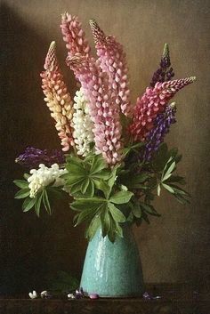 a painting of flowers in a vase on a table