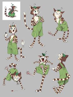 the cat is dressed in green and striped clothes