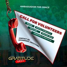 an advertisement for a church called call for volunteers, featuring a red phone and white paper