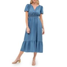 August Sky Women's Split Neckline Midi Dress, Chambray, Medium Blue V-neck Short Sleeve Dress For Spring, Spring V-neck Rayon Dress With Short Sleeves, Spring Midi Dress With Notched Neckline, Spring Solid Color Midi Dress With Notched Neckline, Casual Solid Color V-neck Dress For Brunch, Spring V-neck Short Sleeve Dress For Brunch, Flattering Spring V-neck Midi Dress, V-neck Short Sleeve Dress For Spring Day Out, V-neck Short Sleeve Dress For Brunch