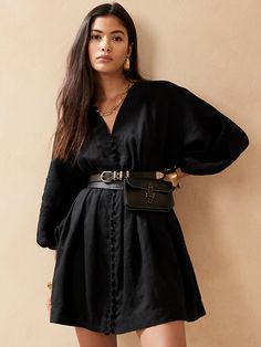 Linen Balloon-Sleeve Mini Dress | Banana Republic Dark Feminine Style, Feminine Color Palette, Black Linen Dress, Edgy Chic, Romantic Destinations, Lined Skirt, Banana Republic Dress, Feminine Look, Fashion Studio