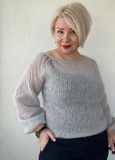 Grey Knitted Mohair Sweater, Puff Sleeve Sweater, Women's Loose Jumper, Bridal Bride Sweater, Cozy Mohair Women's Sweater, Plus Size Sweater - Etsy Finland Winter Fitted Sweater With Balloon Sleeves, Winter Pointelle Knit Sweater With Puff Sleeves, Winter Puff Sleeve Pointelle Knit Sweater, Knit Puff Sleeve Sweater With Stretch, Knit Puff Sleeve Stretch Sweater, Knit Stretch Puff Sleeve Sweater, Stretch Knit Puff Sleeve Sweater, Fitted Pointelle Knit Sweater With Puff Sleeves, Casual Knitted Sweater With Puff Sleeves