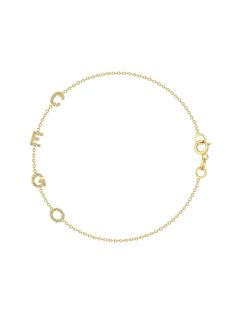 This 14k yellow gold custom tiny personalized bracelet is made with four (4) initials of your choice. Monogram it to your liking! You can also choose to add a bezeled baguette or round diamond. Great to display your own initials, your children's initials, or anyone else you want to wear close to your heart. Custom made, please allow 2-3 weeks for shipment. PLEASE ORDER BY APRIL 21ST FOR DELIVERY BY MOTHER'S DAY (MAY 9, 2021) Details 14k yellow gold Bezeled Baguette Diamond: approx. .06ct (3.75x1 Classic Personalized Initials Bracelet, White Gold Initials Bracelet For Anniversary, 14k Gold Name Bracelet With Initials, Personalized 14k Gold Name Bracelet With Initials, Elegant Sterling Silver Name Bracelet With Initials, Elegant Sterling Silver Initials Name Bracelet, Classic Bracelets With Initials, Elegant White Gold Bracelet With Initials, Elegant Monogram Name Bracelet As Personalized Gift