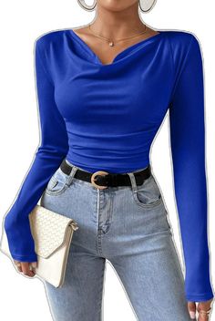 Trendy Blue T-shirt For Fall, Blue Stretch Crew Neck Long Sleeve Top, Fitted Long Sleeve Blue T-shirt, Blue Casual Long Sleeve Top For Fall, Casual Blue Long Sleeve Top For Fall, Fitted Blue Long Sleeve Top For Spring, Trendy Blue Long Sleeve Tops, Blue Long Sleeve Solid Color T-shirt, Blue Crew Neck Top For Fall