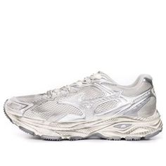 Shop Mizuno Racer S 'White Metallic Silver' D1GH223518 at KICKS CREW — your go-to for authentic, stylish sneakers. Whether for fashion, performance, or collection, find your perfect pair with us. Silver Mesh Running Shoes With Boost Midsole, Silver Running Sneakers With Boost Midsole, Silver Sneakers With Boost Midsole For Running, Silver Sneakers With Boost Midsole, Silver Athleisure Sneakers For Running, Silver Sneakers With Boost Midsole For Errands, Silver Sneakers For Running And Athleisure, White Mesh Sneakers For Marathon, Dynamic Silver Running Shoes For Light Sports