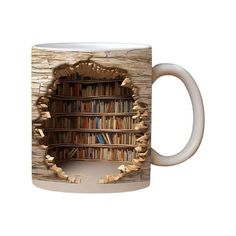 a coffee mug with a book shelf in the middle and books coming out of it