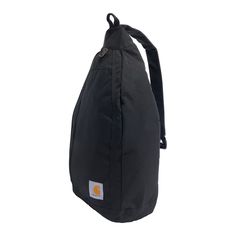 the back pack is black and has an orange logo on it