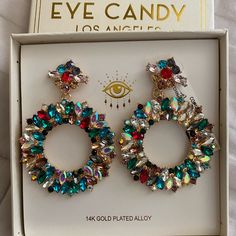 Eye Candy La | Nwt Stunning Fancy Colorful Earrings | Size: One Size | Color: Multi | 14k Gold Plated Alloy | Pierced, Back Closure Earrings | Great Pair Of Earrings To Have For Special Occasions | Approx. 2.5 Inches Diameter | In Excellent Condition Eye-catching Gold Jewelry For Party, Eye-catching Multicolor Jewelry For Party, Eye-catching Dangle Earrings For Party, Elegant Multicolor Hoop Earrings For Party, Elegant Multicolor Dangle Hoop Earrings, Eye-catching Multicolor Party Jewelry, Multicolor Drop Earrings For Anniversary, Trendy Jeweled Earrings For Gift, Multicolor Jewelry Set With Matching Earrings For Party