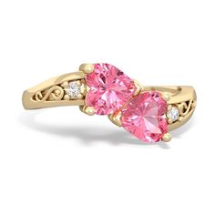 Two hearts, snuggled up against each other, in a warming 14K Gold embrace. This ring features beautiful heart shaped lab pink sapphire and lab pink sapphire gems. Accented by two dazzling diamonds, with an elegant filigree curve. You can customize this ring, perhaps choosing your loved one's favorite colors, or the birthstones of you and your love. Gem: Lab Created Pink Sapphire Metal: solid 14K Gold Diamonds: genuine SI2 diamonds Free gift packaging is included with every order. Pink 14k Gold Heart Ring Gift, Valentine's Day Pink Ruby Ring, Pink Diamond Accented Promise Rings, Pink Ruby Ring With Accent Stones For Promise, Pink Ruby Gemstone Ring For Anniversary, Pink Diamond Accents Promise Rings, Pink Rings With Diamond Accents For Promise Occasion, Pink Rings With Diamond Accents For Promise, Pink Promise Rings With Diamond Accents