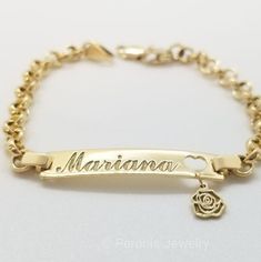 18K PERSONALIZED ID CHILDREN'S BRACELET  ⇢MATERIAL:  18K Gold          ⇢COLOR: Available in gold, white gold and rose. ⇢WEIGHT: approximately 5gr. *Since it is a handmade product, weight can vary* ⇢ LINKS: Please choose Portuguese Link, Flat Curb, Flat Figaro or Paper Clip link. ⇢LENGTH: 5.5 inches. Please specify if you want it in another length. ✰Since this is a hand-made product each piece has a slight variation. ✰ RETURNS & EXCHANGES: while we do not accept returns we will happily exchange the piece for another item of equal or higher value within 15 days of shipping date. ✰The piece is sent in a gift box to protect them during shipping and with a guarantee certificate with information on the piece ✰If you have any inquiries, send us a message and we'll get back to you as soon as possi 14k Rose Gold Tarnish Resistant Bracelets, Rose Gold 14k Tarnish Resistant Bracelets, Rose Gold Tarnish Resistant 14k Gold Bracelets, Rose Gold Plated Bracelets In Fine Jewelry Style, Luxury Heart Bracelet As A Gift, Fine Jewelry Rose Gold Bracelets In 14k Gold, Fine Jewelry Rose Gold 14k Bracelets, White Gold Tarnish Resistant Chain Bracelet For Anniversary, Luxury Rose Gold Plated Charm Bracelet