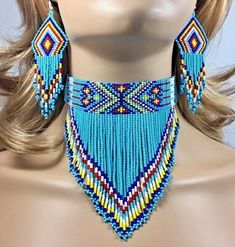 NATIVE BEADED TURQUOISE BLUE HANDCRAFTED CHOKER NECKLACE HOOK EARRINGS SET S18/6 | eBay Anting Manik, 3 Earrings, Earrings Bead, Beaded Bib Necklace, Multicolor Jewelry, Silver Polish, Bead Loom Patterns, Beaded Jewelry Patterns, Beaded Choker Necklace