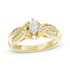 Honor her with this shimmering diamond engagement ring. Crafted in warm 14K gold, this elegant design features a sparkling 1/4 ct. marquise-shaped diamond center stone wrapped in a swirl of diamond-lined ribbons. Radiant with 1/2 ct. t.w. of diamonds and a brilliant buffed luster, this engagement ring dazzles and delights the one you love. Swirl Engagement Rings, Emerald Engagement Ring Set, Twig Engagement Ring, Natural Emerald Rings, Marquise Diamond Ring, Moissanite Engagement Ring Oval, Band Fits, Diamond Wedding Sets, Emerald Diamond Ring