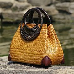 Bamboo Summer Beach Weave Bag — Shop Sassy Chick Bags Online Shopping, Knitting Tote Bag, Knitting Tote, Woven Handbags, Straw Handbags, Rattan Bag, Boho Bags, Handbag Heaven, Straw Bags