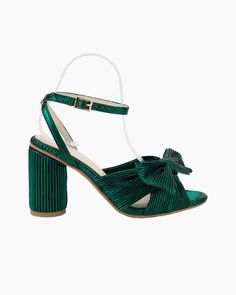 Green Pleated Bow Chunky Ankle High Heel Sandals – LarosaStyle Bow High Heels, Loeffler Randall Shoes, Green Heels, Evening Sandals, Chunky High Heels, Suede Block Heels, Black Ankle Booties, Brown Ankle Boots, Blue Sandals