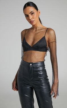 Charess Diamante Mesh Long Sleeve Top in Black | Showpo USA Mesh Top Outfit, Black Bell Sleeve Top, Mesh Maxi Skirt, Look Festival, Mesh Long Sleeve Top, Nye Outfits, Mesh Long Sleeve, Outfits Casuales, Flared Sleeves