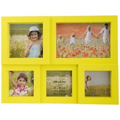 four yellow frames with three different pictures on the front and one in the middle, each holding