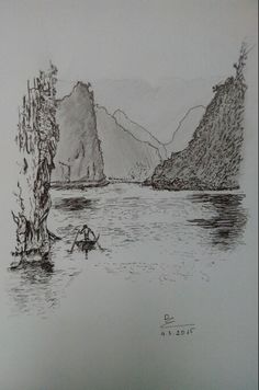 a pencil drawing of a lake surrounded by mountains