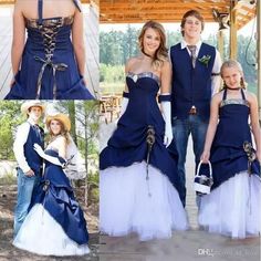 two people dressed in blue and white are posing for pictures with one woman wearing a cowboy hat