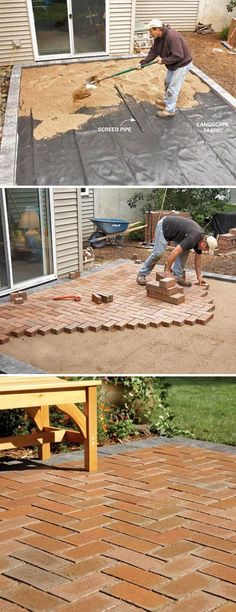 two pictures showing how to build a brick patio