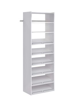 a white shelving unit with six shelves