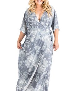 Sleek and elegant, this kimono wrap maxi dress is comfortable and flowy, making this semi-formal style transition perfectly from day to night. It features wide kimono sleeves, a wrap tie cinched waist and gorgeous v-neckline. Plus-size maxi dresses (like this cute number) look amazing on all body shapes while being a versatile closet staple. Wear it as a spring party dress or layer a fun cardigan or sweater over it, letting its full maxi skirt do all the talking. Runs slightly large in the bust. Chic Flowy Wrap Maxi Dress, Elegant Maxi Length Wrap Dress For Brunch, Elegant Maxi Wrap Dress For Brunch, Chic Flowy Wrap Dress, Spring Flowy Faux Wrap Maxi Dress, Elegant Floral Print Wrap Maxi Dress, Elegant Floral Print Maxi Wrap Dress, Flowy Wrap Dress For Brunch, Flowy Wrap Maxi Dress With Tie Waist