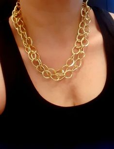 "Handmade Chunky Oversized Layering Gold Necklace. Wear it together with any type of necklace and will compliment your night or daily outfit. * Lightweight Thick Chain. * Nickel Lead-Free * * Necklace Length: 17\" long. * Chain Thickness: 20x15x3mm thick * Metal Plated Color: Matte Gold Plating * Helpful tips for proper care: To avoid damaging or dulling Costume Jewelry, do not use jewelry cleaner or soak the jewelry in water. When dressing, I would recommend that you put jewelry on last in orde Double Chain Link Necklace For Parties, Chunky Metal Oval Link Necklace, Party Link Chain Necklaces, Chunky Oval Link Necklace For Gift, Chunky Oval Link Necklace As A Gift, Yellow Gold Round Chain Necklace For Party, Yellow Gold Party Chain Necklace, Chunky Metal Chain Necklace As Gift, Party Necklace With Adjustable Chain Link