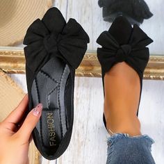 Category:Slip-Ons,Flats; Upper Materials:Faux Suede; Embellishment:Bowknot; Season:Spring,Summer,Fall; Heel Type:Flat Heel; Gender:Women's; Toe Shape:Pointed Toe; Style:Comfort,Elegant,Fashion,Casual; Heel Height(inch):1-2; Outsole Materials:Rubber; Occasion:Daily; Closure Type:Loafer; Listing Date:11/21/2023; Production mode:Self-produce; 2024 Trends:Comfort Shoes,Plus Size; Size chart date source:Provided by Supplier. Womens Black Flats, Embellished Flats, High Heel Slippers, Flat Dress Shoes, Flats Online, Womens Summer Shoes, Breathable Shoes, Comfort Shoes, Women's Flats