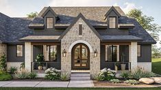 this is an artist's rendering of the front elevation of a house with stone and brick accents