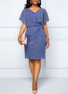 Dusty Blue Cape Shoulder Draped Surplice Chiffon Dress | Rotita.com - USD $29.43 Dusty Blue Dress, Sukienki Plus Size, Latest Dress For Women, Fashion Dresses Online, Spandex Dress, Dresses Elegant, African Dress, V Neck Dress, Guest Dresses