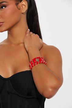 Available In Black And Red. 3 Piece Bracelet Set Imported Bamboo Design Enamel Design Imported | Different Vibes 3 Piece Bangle Set in Red by Fashion Nova Party Wrap Bangle Bracelet, Trendy Red Bracelets For Party, Trendy Red Beaded Bangle Bracelets, Trendy Red Bangle Jewelry, Trendy Red Stretch Bracelet For Beach, Trendy Red Stretch Bracelet For The Beach, Red Bangle Bracelet For Fashion Accessory, Elegant Red Bracelets For Beach, Adjustable Red Bracelets