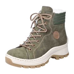 Rieker Lace-up Boot with Warm Lining for Women - Green Rieker Lace-up Boot with Warm Lining in Green Experience vacation vibes for your feet with these casual lace-up boots featuring a higher shaft from Rieker. The clever combination of laces and zipper allows for easy on and off. A round Rieker logo enhances the polished and chic look. The sturdy yet lightweight outsole prevents slipping. These lace-up boots offer super comfort with their replaceable, cushioned insole. Cozy warm lining ensures your feet stay toasty all day long. Ideal for everyday wear!   Color: Green  Heel Height: 3cm  Heel Type: Block Heel  Toe Shape: Round  Shoe Width: Normal (G)  Removable Insole: No  Outsole Color: Brown  Closure: Lace-up  Season: Autumn/Winter   Material & Care  Upper Material: Faux Leather  Lining Happy Shoes, Green Heels, Shoe Brushes, Soft Shoes, Fresh Look, Lace Up Ankle Boots, Casual Lace, Green Lace, Boots For Women