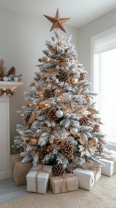 a decorated christmas tree with presents under it