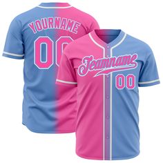 Custom Light Blue Pink-White Authentic Fade Fashion Baseball Jersey Cheap Blue Baseball Jersey, Blue College Baseball Jersey With Letter Print, Blue Baseball Jersey With Team Name For Game Day, Blue Varsity Baseball Jersey With Team Name, Customizable Blue Varsity Jersey, Blue Jersey With Letter Print For Baseball Season, Blue Letter Print Jersey For Baseball Season, Blue Baseball Season Jersey With Letter Print, Blue Baseball Jersey For Baseball Season