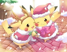 two pikachu dressed up in christmas outfits