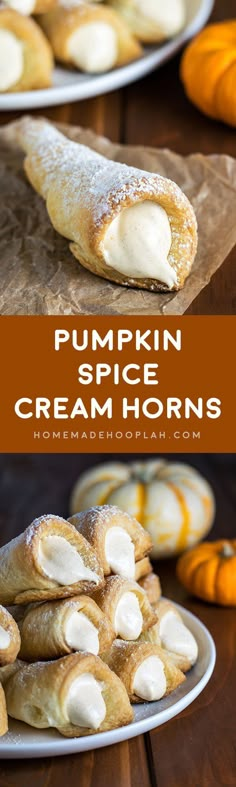 pumpkin spice cream horns on a white plate with oranges in the background and text overlay that reads pumpkin spice cream horns