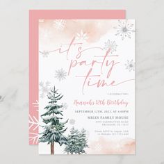 a pink and white christmas party card with snowflakes on the tree, it's party time