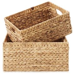 three woven baskets stacked on top of each other, one is empty and the other has no lid