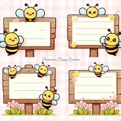 four cartoon bees with blank signs on them